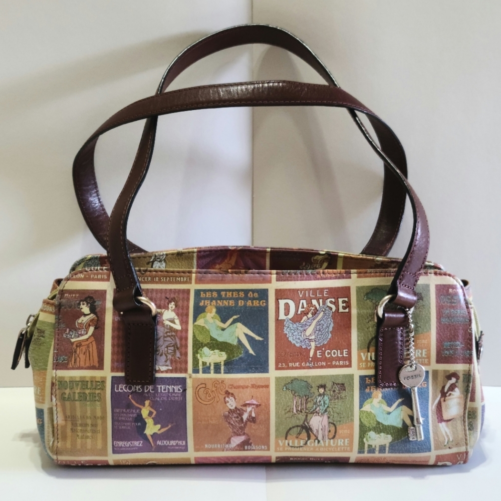 Fossil Bag Leather Purse Handbag Shoulder Vintage 1950s Style Stamped Paris Look